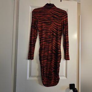 VENUS Black and Orange Striped Midi Dress